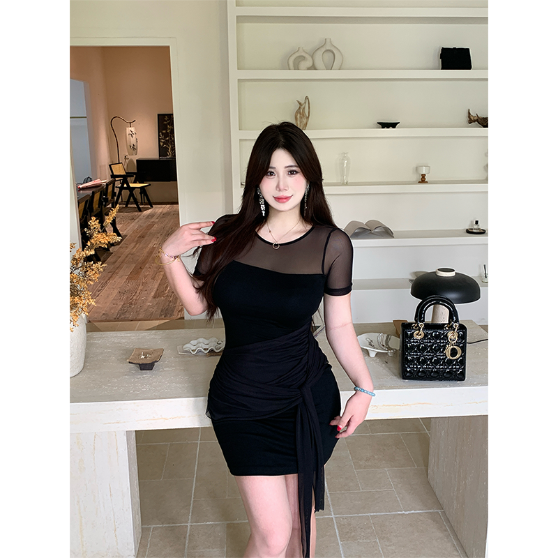 B-babes【若隐若线】夏季气质设计感连衣裙网纱拼接短袖包臀裙女 - 图1