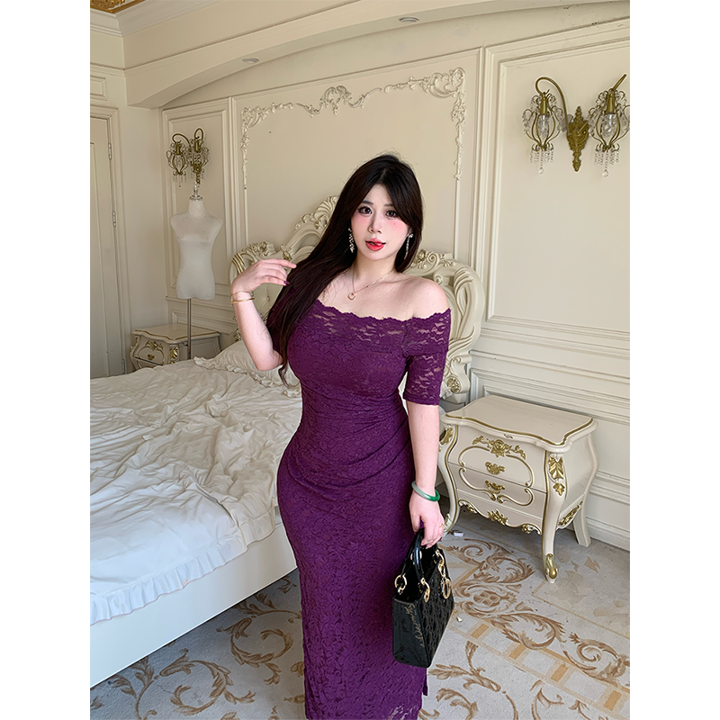 B-babes【庭兰亦梦】微胖性感一字肩蕾丝连衣裙收腰显瘦包臀长裙 - 图2