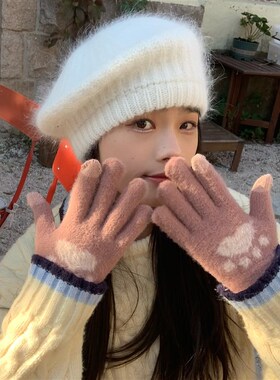 陈奶奶爪印毛绒柔软手q套女款冬季保暖户外骑行猫爪五指全指手套
