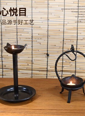 复古铁艺烛台中式l仿古油灯民俗禅意铸铁烛台茶室民宿道具装饰摆
