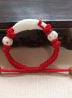 极速黑狗牙手链宝宝婴儿压儿童手链惊桃木防朱砂R纯银惊铃铛吓红