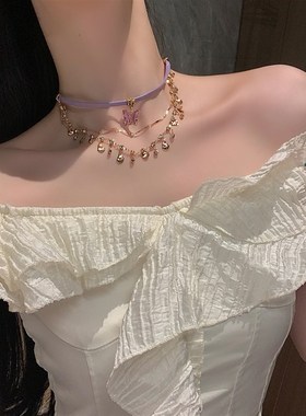 极速紫色蝴蝶项链女夏天202u4新款chocker项圈多层叠戴锁骨链颈链