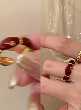 极速安可拉红滴釉竹n节小众戒指女百搭气质开口可调节食指戒网红