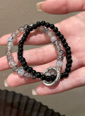 极速新中式禅意串珠手串女双z层叠戴水墨平安扣情侣手链手饰