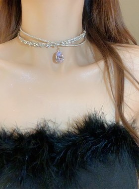 两戴式双层金属水钻交叉水滴锆石项链发箍纯欲气质满钻流苏锁骨链