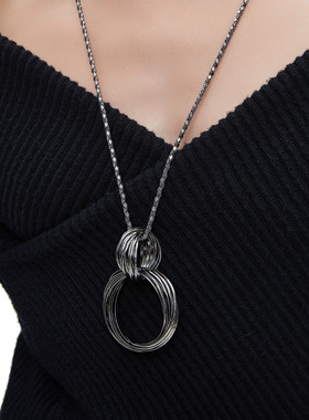 CUSSK 韩版个性嘻哈圆环吊坠时尚百搭长款毛衣链潮酷高级感项链