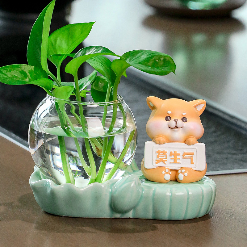 莫生气小熊装饰摆件宿舍桌面水培植物绿萝花瓶送同学老师简约礼物