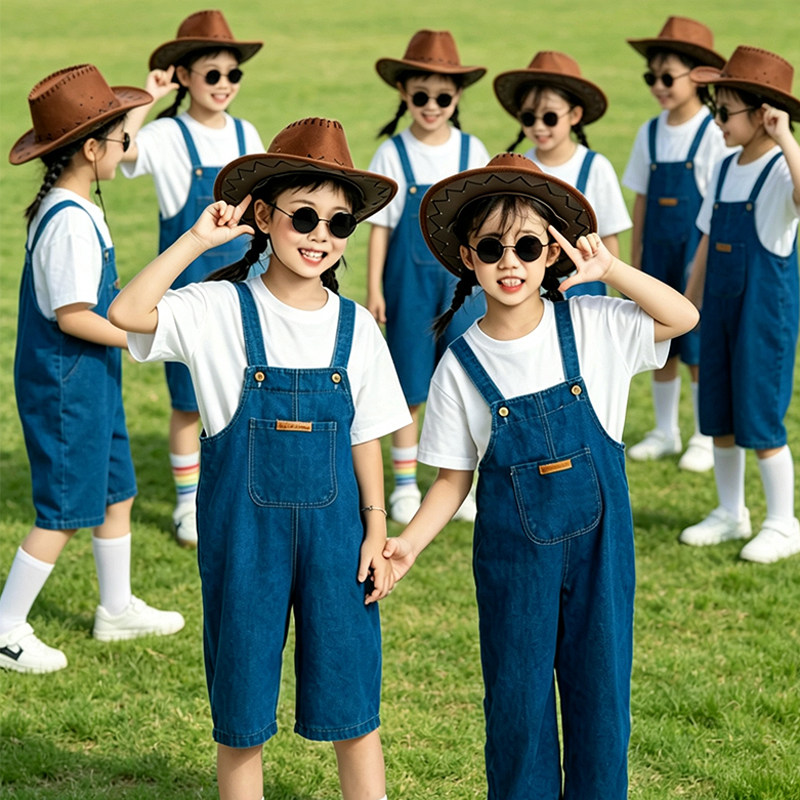 儿童牛仔很忙演出服六一小学生幼儿园西部牛仔背带裤套装表演服装