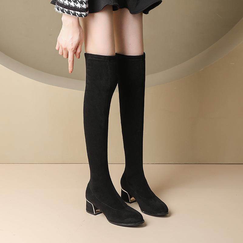 不筒过膝长筒靴女2023秋冬加绒羊猄绒高靴粗中跟显瘦弹力长靴,淘宝优惠券,粉丝福利购,淘宝优惠卷