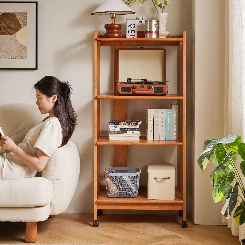 Movable multifunctional storage rack floor-standing bookshelf restaurant kitchen microwave oven storage rack simple shelf all solid wood