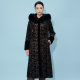 马天奴女装秋冬新款黑色印花狐狸毛领连帽长款大衣外套轻奢保暖