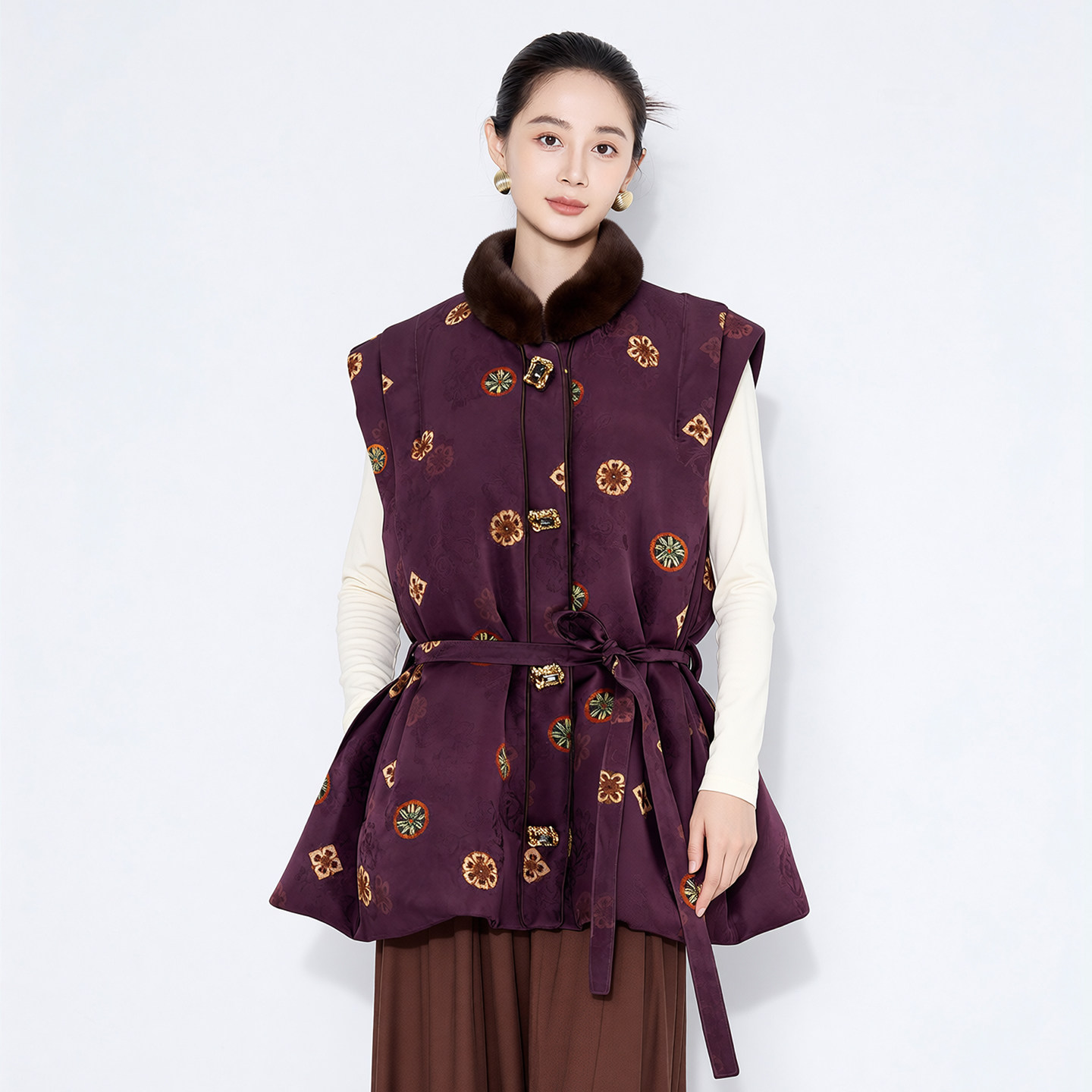 [鹅绒填充]马天奴2025冬新款水貂毛领鹅绒马甲保暖收腰新中式国风,淘宝优惠券,粉丝福利购,淘宝优惠卷