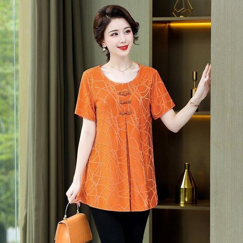 中老年人薄款加肥加大码宽松上衣女肥胖妈妈夏装短袖中年洋气t恤 - 图0