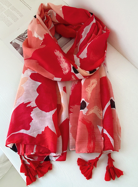 时尚洋派红色棉麻围巾披肩两用春秋薄纱巾丝巾Q女长版保暖围脖冬
