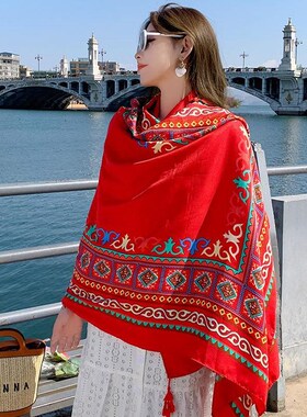 民族风围巾防晒披肩女云南青海草原旅游穿搭丝巾海W边沙滩纱巾薄
