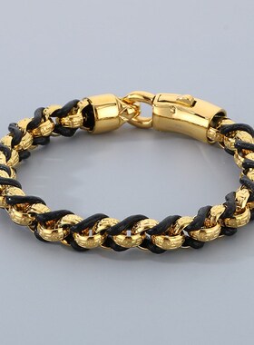 厂家货源横纹皮手环 潮流复古回纹O字链编织皮绳不锈钢男士手链