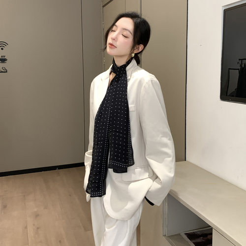 25秋新款韩系绒雪纺丝巾女轻薄法式波点领巾防晒头巾腰带装饰围巾 - 图1