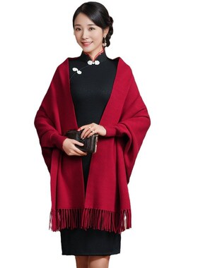 中式纯色披肩女喜婆婆妈妈配旗袍外搭斗篷婚宴礼服带袖秋冬外披风