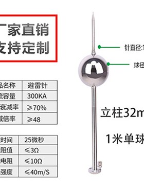 不锈钢避雷针屋顶户外304圆球形防I雷别墅家用楼房工业级立柱