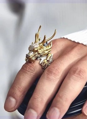 霸气凸显男士独特个性魅力小众喜好品味个性双色龙首可调节指环