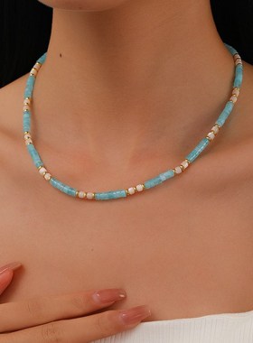 时尚个性蓝色天然石串珠项链女百B搭高级感简约气质小众精致锁骨