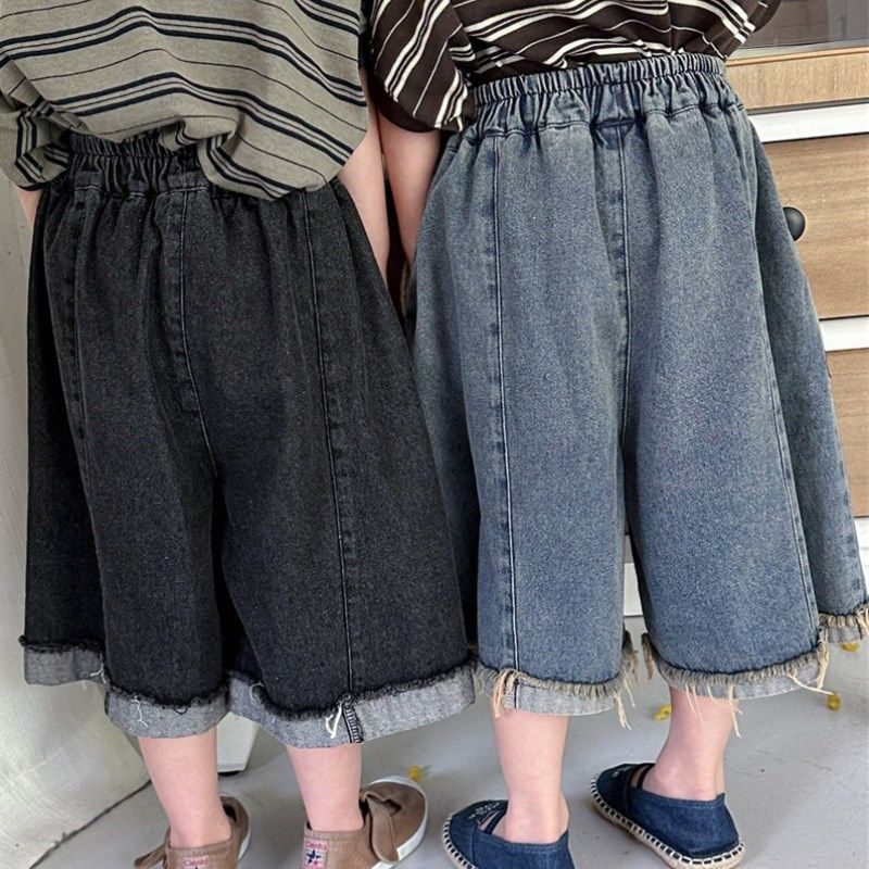 儿童复古拼接毛边阔腿裤夏季新品韩系男女童宽松休闲七分裤牛仔裤,淘宝优惠券,粉丝福利购,淘宝优惠卷