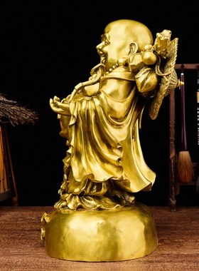纯铜挑金币弥勒佛像家用招财供奉笑佛 摆件客厅电V视柜装饰品礼品