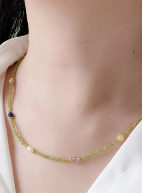天然石项链时尚百搭个性风潮串珠项链彩色锁骨链淡水珍珠小众春夏