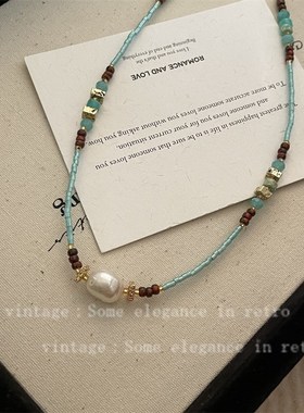 米珠天然石淡水珍珠锁骨链新中式复古蓝色藏式鼓盘项链女