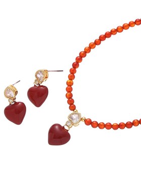 小众简约天然石爱心滴油项链小巧可爱精致锆石耳饰女新年红色饰品