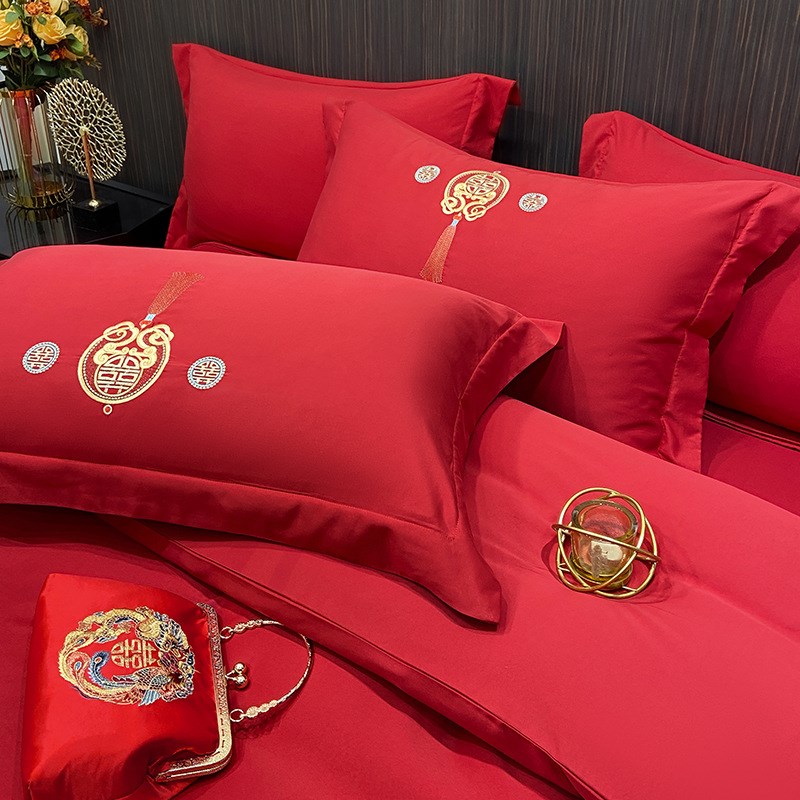 婚嫁四件套纯棉刺l绣红色高级感床单被套婚庆婚房喜被结婚床上用 - 图2