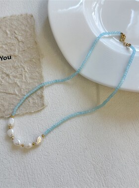 法式天然淡水珍珠项链 蓝色串珠颈链 轻奢小众简约百搭锁骨颈链潮