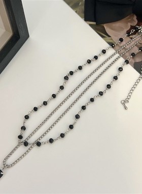 甜酷辣妹风双层叠戴锁骨链女高级简约小众设计感轻奢黑色锆石项链