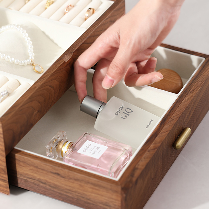 黑胡桃木双层首饰盒项链耳环戒指饰品高级轻奢实木收纳盒结婚礼物 - 图2