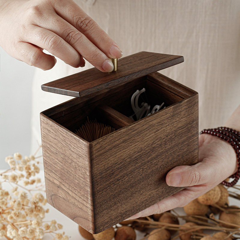 北美黑胡桃实木带盖双格棉签牙线牙签收纳盒 桌面杂物收纳小木盒,淘宝优惠券,粉丝福利购,淘宝优惠卷