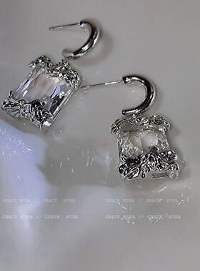 新品种草款~法式复古方块水晶耳环2021K年新款潮耳钉宫廷风轻奢耳