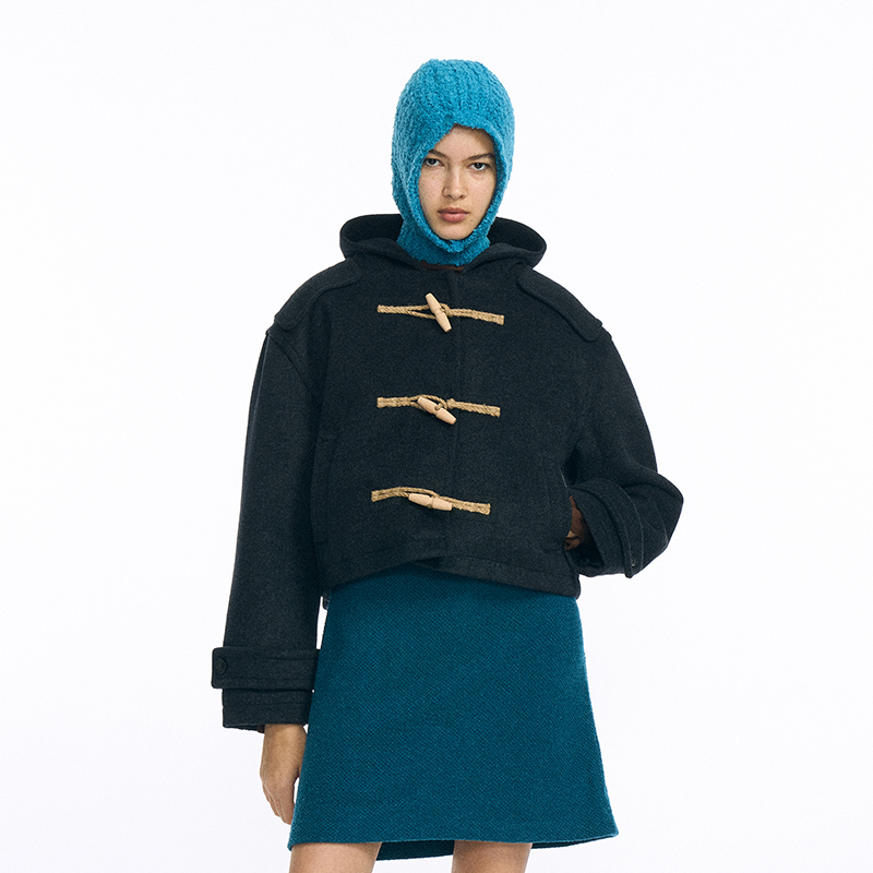 韩国正品 PARTIMENTO 秋冬女款时尚休闲短款双排扣连帽大衣 - 图2