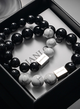 天然黑玛瑙白松石手链高级感复古