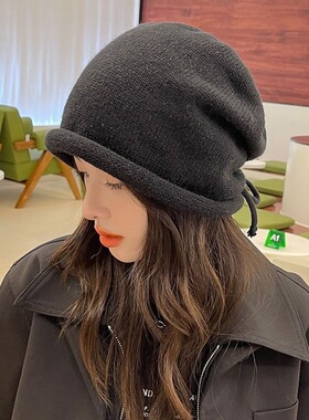 网红堆堆帽女秋冬日系显脸小包头冷帽大头围抽绳卷边针织毛线帽子