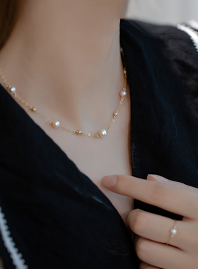 极速天然珍珠金珠满天星项链14K包金锁骨脖子简约气质.颈链女名媛
