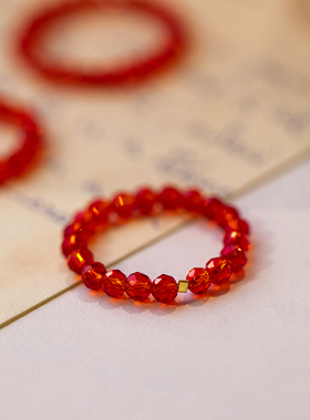 极速网红新品红色戒指o女进口14k注金超闪水晶细戒指叠戴复古风in