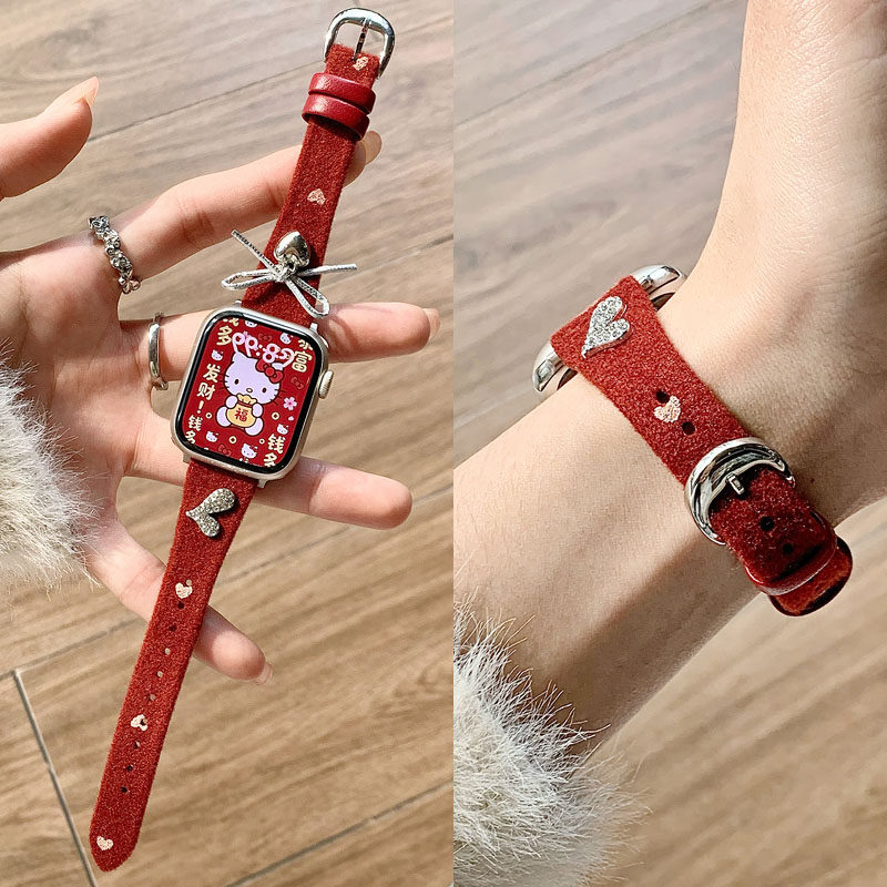 适用苹果iwatch S11代手表S10表带S9876543马年毛呢拼真皮表带SE新年女款腕带Ultra2潮款红色表带,淘宝优惠券,粉丝福利购,淘宝优惠卷