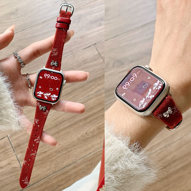 适用苹果iwatch S11代手表S10表带S9876543马年毛呢拼真皮表带SE新年女款腕带Ultra2潮款红色表带,淘宝优惠券,粉丝福利购,淘宝优惠卷