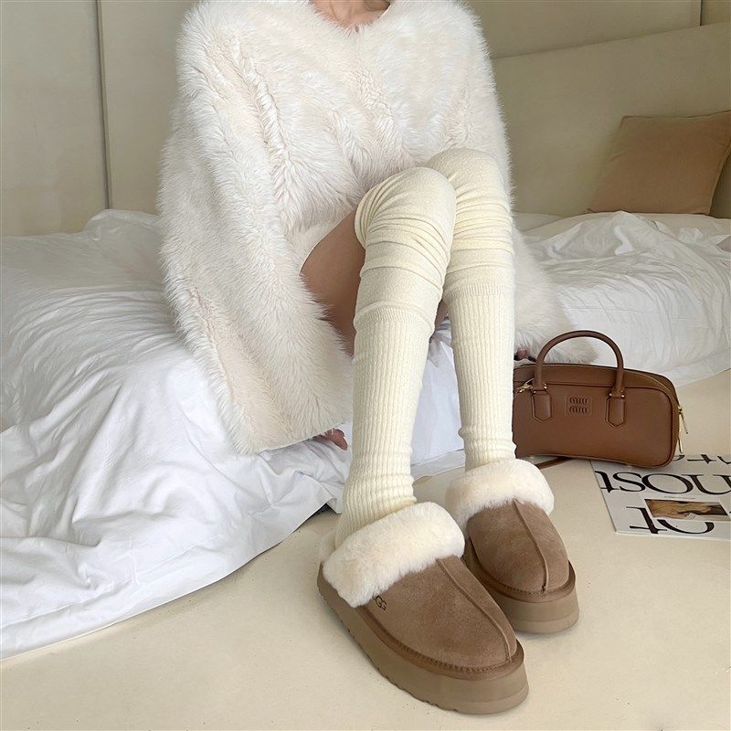 拼接过膝c袜女秋冬加绒保暖长筒靴袜加厚加长堆堆袜护膝腿套奶白,淘宝优惠券,粉丝福利购,淘宝优惠卷