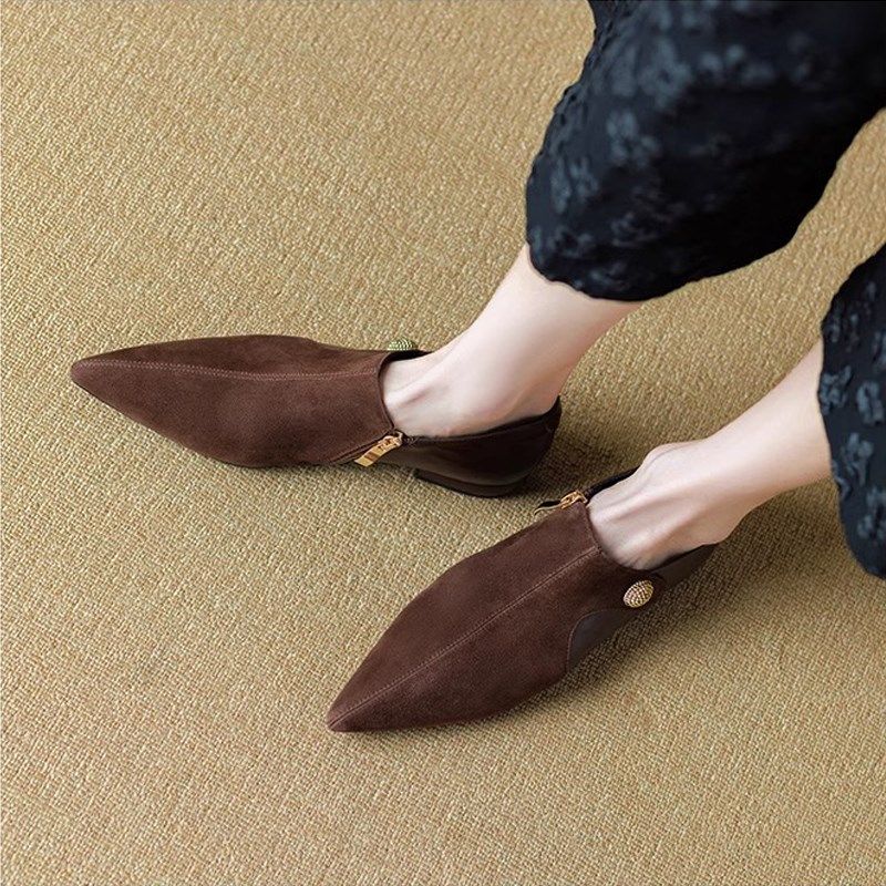 法式复古平底深口单鞋女2024春季新款低跟尖头R拼接气质磨砂皮女,淘宝优惠券,粉丝福利购,淘宝优惠卷