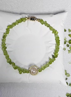 东海水晶天然之光-橄榄石与珍珠手链新中式绿色小清新招财幸福石