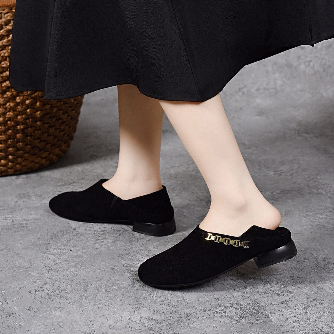 圆头乐福鞋女2025简约气质黑色链条单鞋深口套脚平底鞋复古穆勒鞋,淘宝优惠券,粉丝福利购,淘宝优惠卷