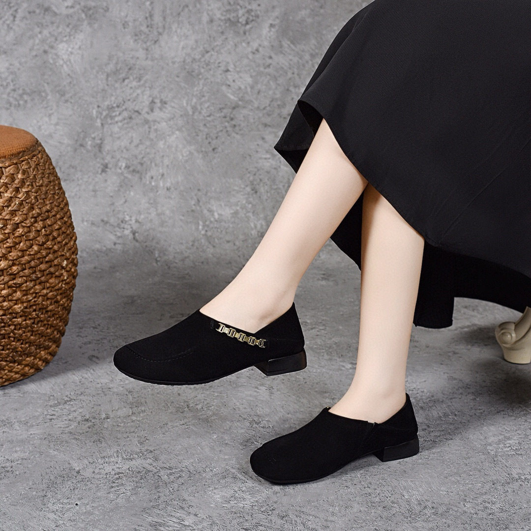 圆头乐福鞋女2025简约气质黑色链条单鞋深口套脚平底鞋复古穆勒鞋,淘宝优惠券,粉丝福利购,淘宝优惠卷