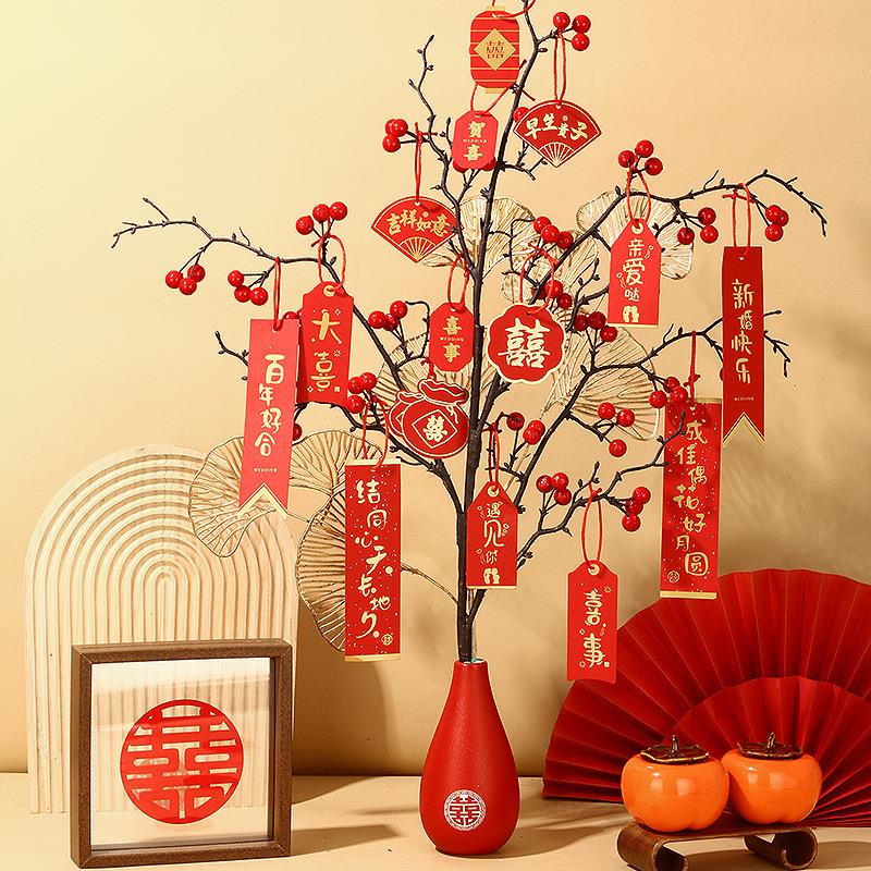 结婚礼冬青盆栽小摆件订婚场景布置婚房客厅喜瓶装饰备婚用品大全 - 图0