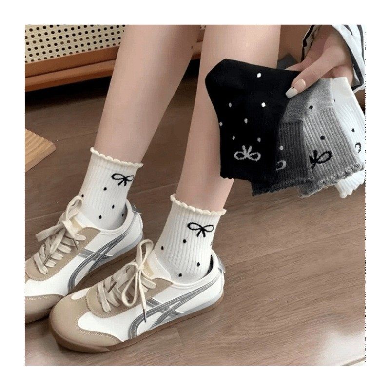 新款ins潮四季秋蝴蝶结波点花边堆堆袜学生日系网红中筒女袜,淘宝优惠券,粉丝福利购,淘宝优惠卷
